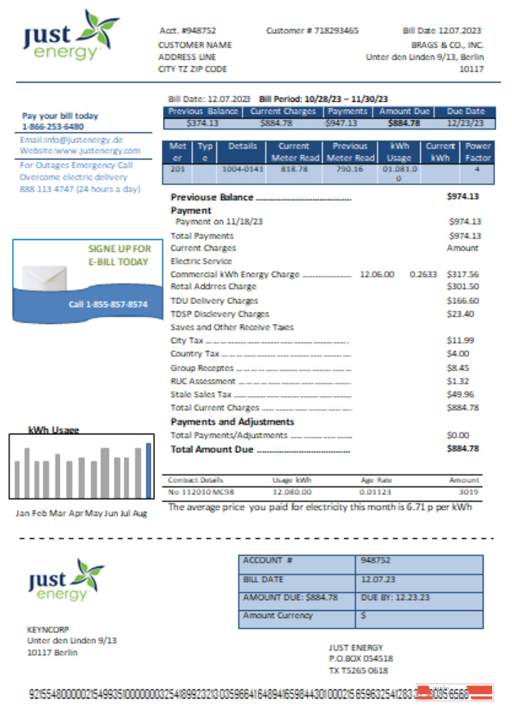 Just Energy utility business bill,  SCR PSD template